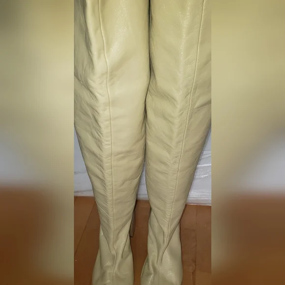Jil Sander Cream 100% lambskin leather thigh high round toe block heel boots 10 - Picture 4 of 16